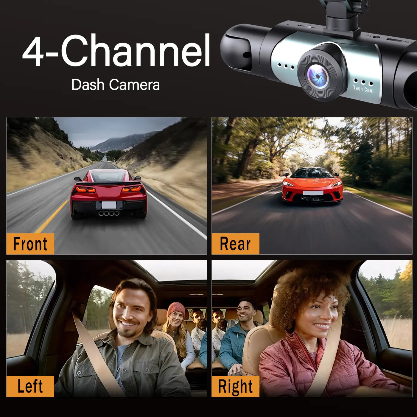 BCUOZ 4-Channel Dash Cam,1080P Full HD Front+720P Rear Left Right Coverage, 【Not Wireless】Requires Charging to Use, G-Sensor, with Free 64GB Memory Card, Car Dashboard Camera / Safe Driving