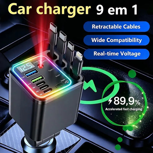Nuokaiqi 120W Compact Retractable Car Charger - 9-In-1 Fast Charging Station with 4 Built-In Cables, Star Projector, RGB Ambient Light, LED Voltage Display, Multi-Plug Phone Accessories for Iphone & Android, Road Trip Cool Gadget for Car Interior, Cars