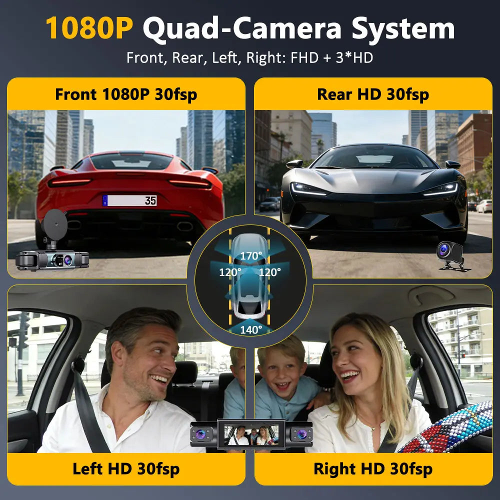 360° Surround View 4 Channel Dash Cam , 1080P FHD , 3.18" IPS Display, Built-In 2.4Ghz Wifi App Control, WDR, Loop Recording, Reverse Assist, 4 Lens Front Rear inside Left Right Car Driving Recorder, Car Security Camera-Yy
