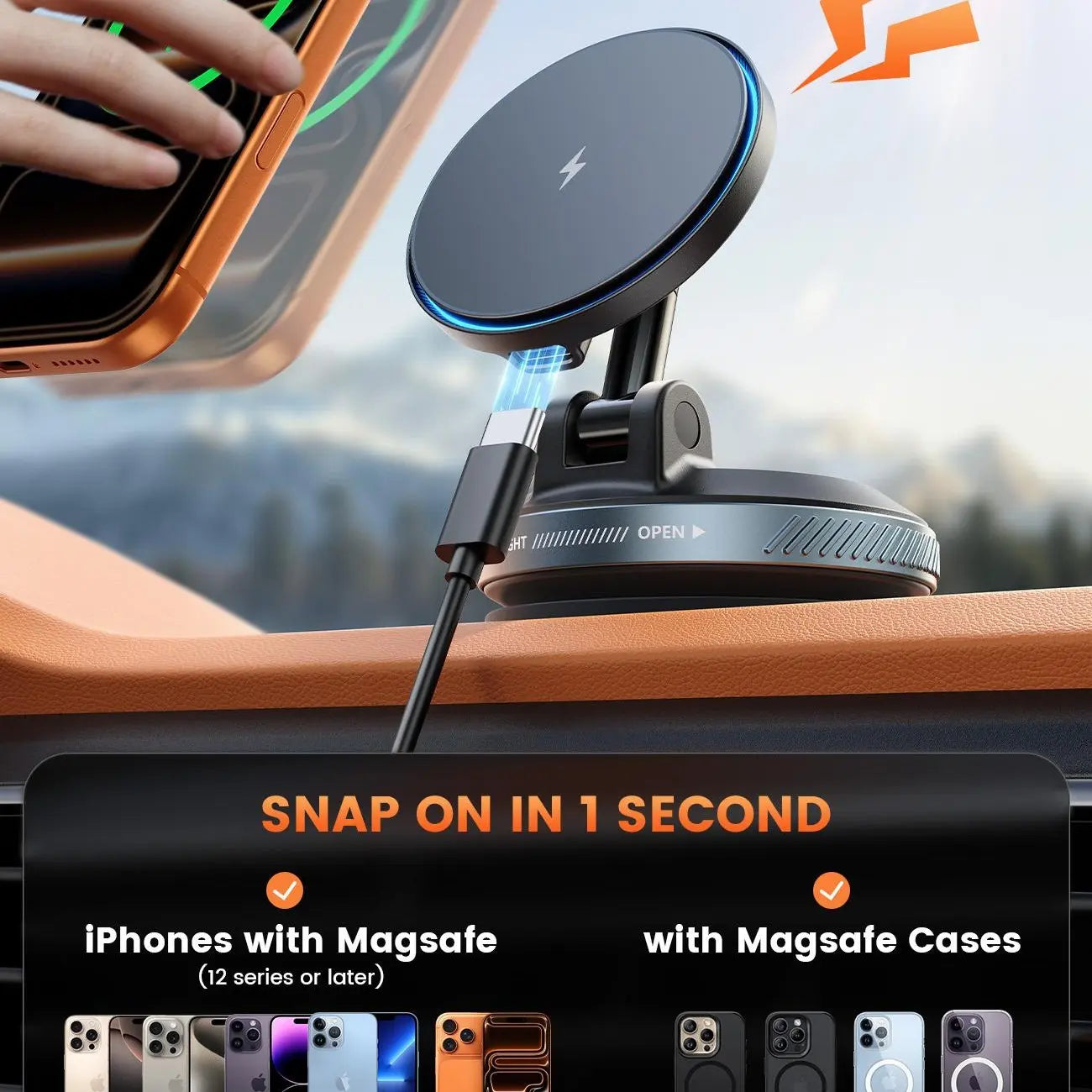 Lamicall 15W Magsafe USB-C Car Charger with Dual Ports - Suction Cup Dashboard Wireless Charger, Cordless Charging Vacuum Magnetic Holder, Fast Charging Auto & Cars Accessories for Iphone 17 Pro Max 16 15 14 (Black), Dashboard Wireless Charging, Phone Acc