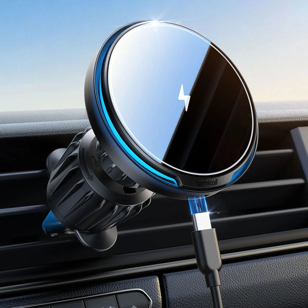 Lamicall 15W Magsafe USB-C Car Charger with Dual Ports - Suction Cup Dashboard Wireless Charger, Cordless Charging Vacuum Magnetic Holder, Fast Charging Auto & Cars Accessories for Iphone 17 Pro Max 16 15 14 (Black), Dashboard Wireless Charging, Phone Acc