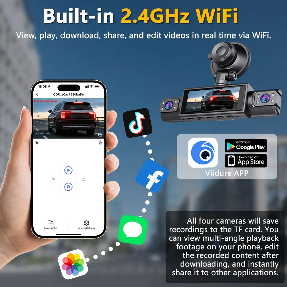 360° Surround View 4 Channel Dash Cam , 1080P FHD , 3.18" IPS Display, Built-In 2.4Ghz Wifi App Control, WDR, Loop Recording, Reverse Assist, 4 Lens Front Rear inside Left Right Car Driving Recorder, Car Security Camera-Yy