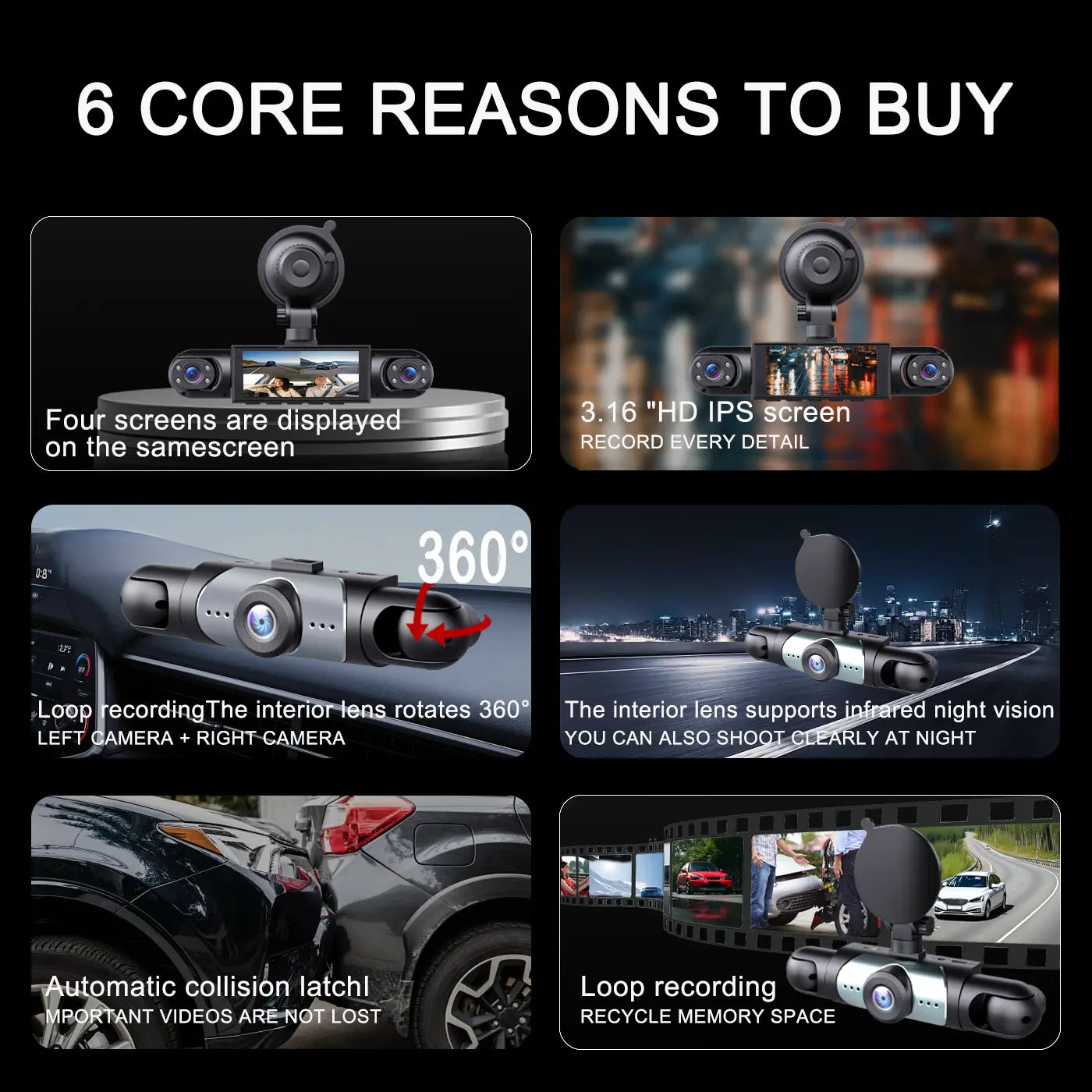 BCUOZ 4-Channel Dash Cam,1080P Full HD Front+720P Rear Left Right Coverage, 【Not Wireless】Requires Charging to Use, G-Sensor, with Free 64GB Memory Card, Car Dashboard Camera / Safe Driving