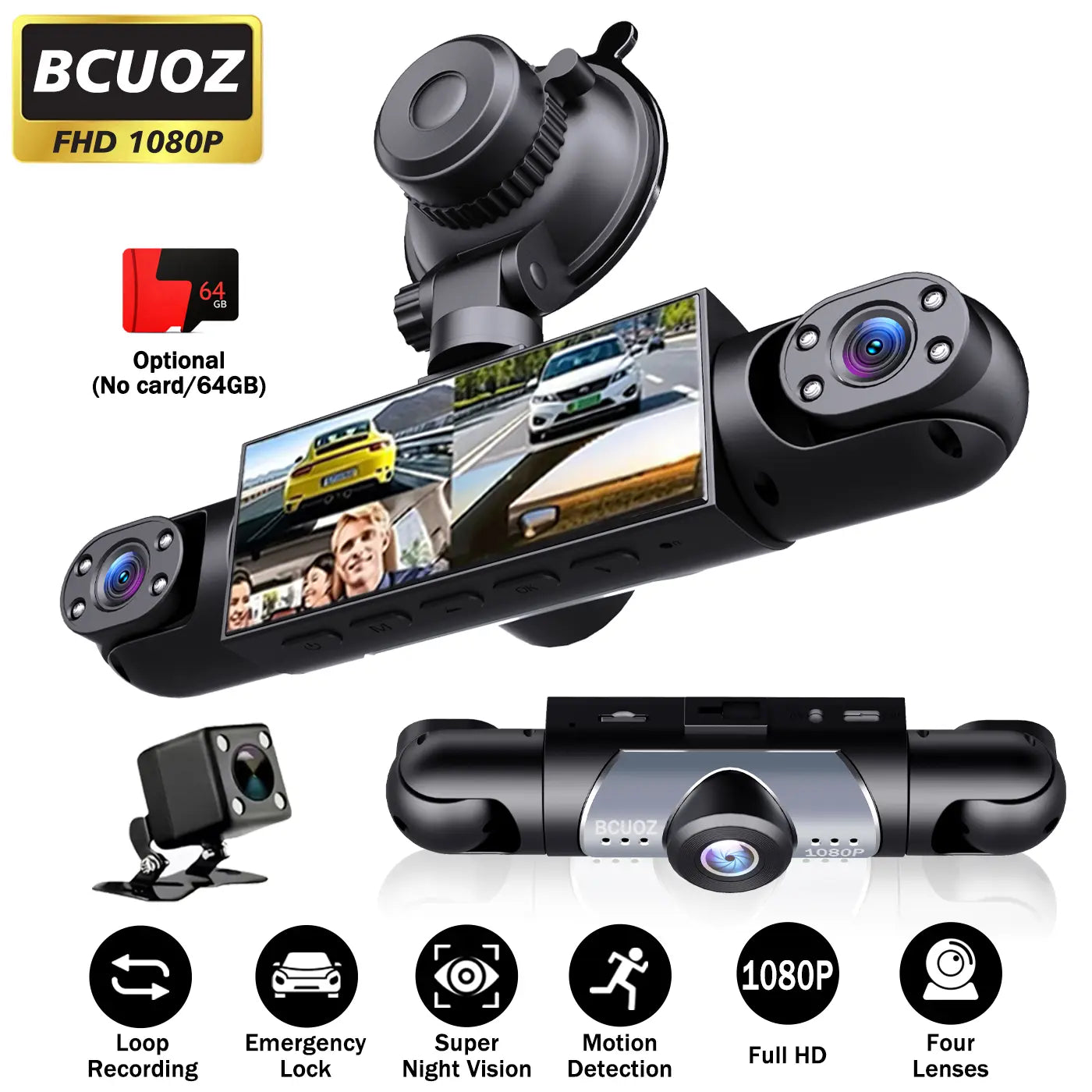 BCUOZ 4-Channel Dash Cam,1080P Full HD Front+720P Rear Left Right Coverage, 【Not Wireless】Requires Charging to Use, G-Sensor, with Free 64GB Memory Card, Car Dashboard Camera / Safe Driving