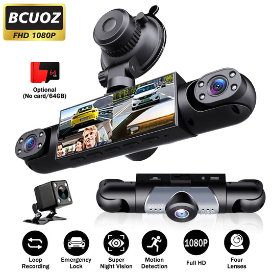 BCUOZ 4-Channel Dash Cam,1080P Full HD Front+720P Rear Left Right Coverage, 【Not Wireless】Requires Charging to Use, G-Sensor, with Free 64GB Memory Card, Car Dashboard Camera / Safe Driving