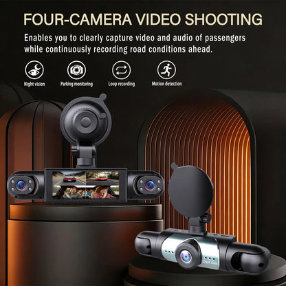 BCUOZ 4-Channel Dash Cam,1080P Full HD Front+720P Rear Left Right Coverage, 【Not Wireless】Requires Charging to Use, G-Sensor, with Free 64GB Memory Card, Car Dashboard Camera / Safe Driving