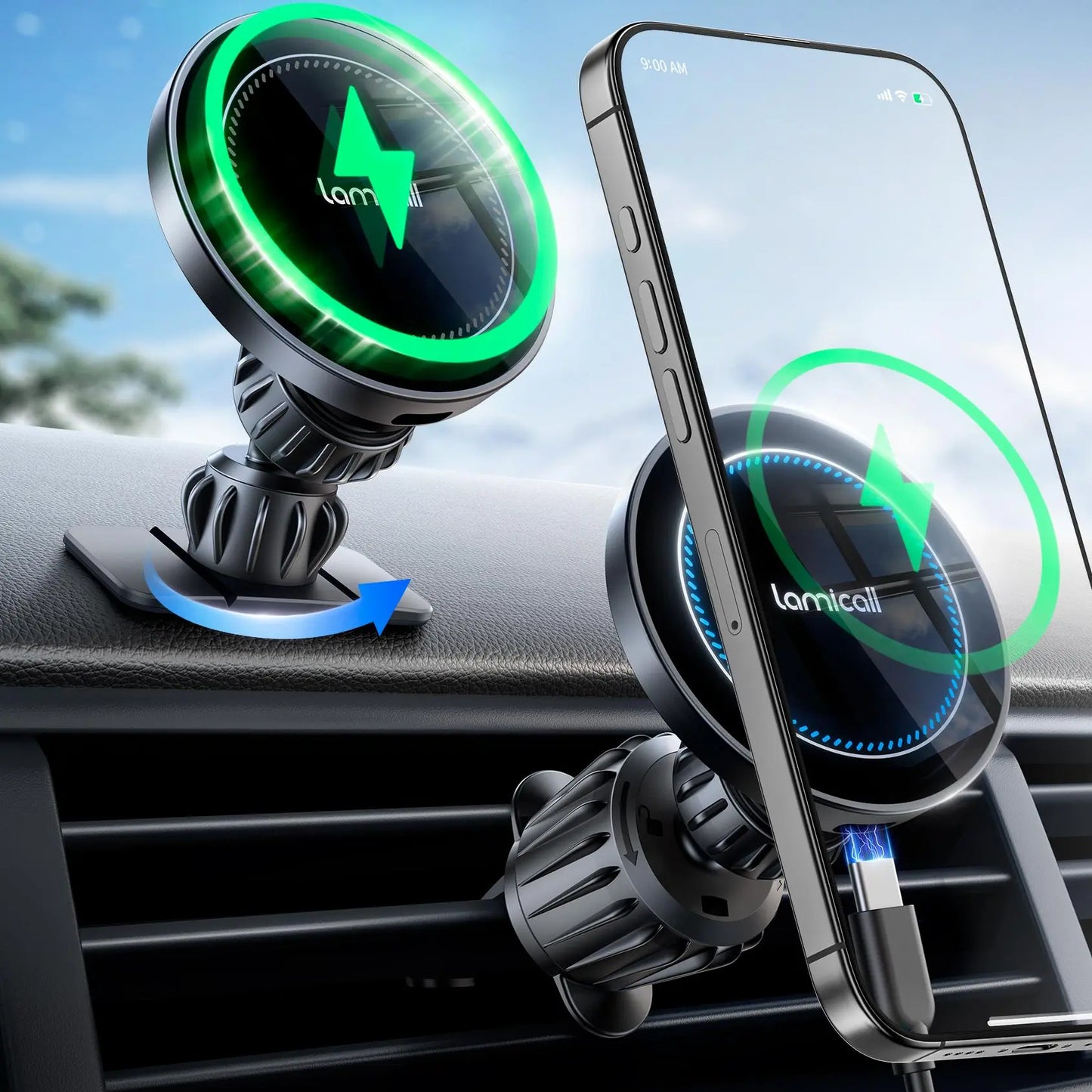 Lamicall 15W Magsafe USB-C Car Charger with Dual Ports - Suction Cup Dashboard Wireless Charger, Cordless Charging Vacuum Magnetic Holder, Fast Charging Auto & Cars Accessories for Iphone 17 Pro Max 16 15 14 (Black), Dashboard Wireless Charging, Phone Acc