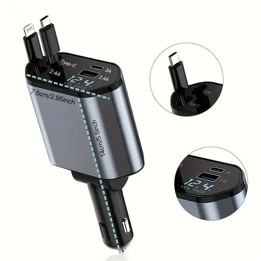 【Tiktokshopbacktoschool】Joytutus 2026 120W Collapsible 4-In-1 Car Charging Cable & 4-Port USB-C Adapter, Fastcharge for Iphone Galaxy Pixel Laptops, Less Car Clutter Auto Accessory Plug with Dual Type-C Cables