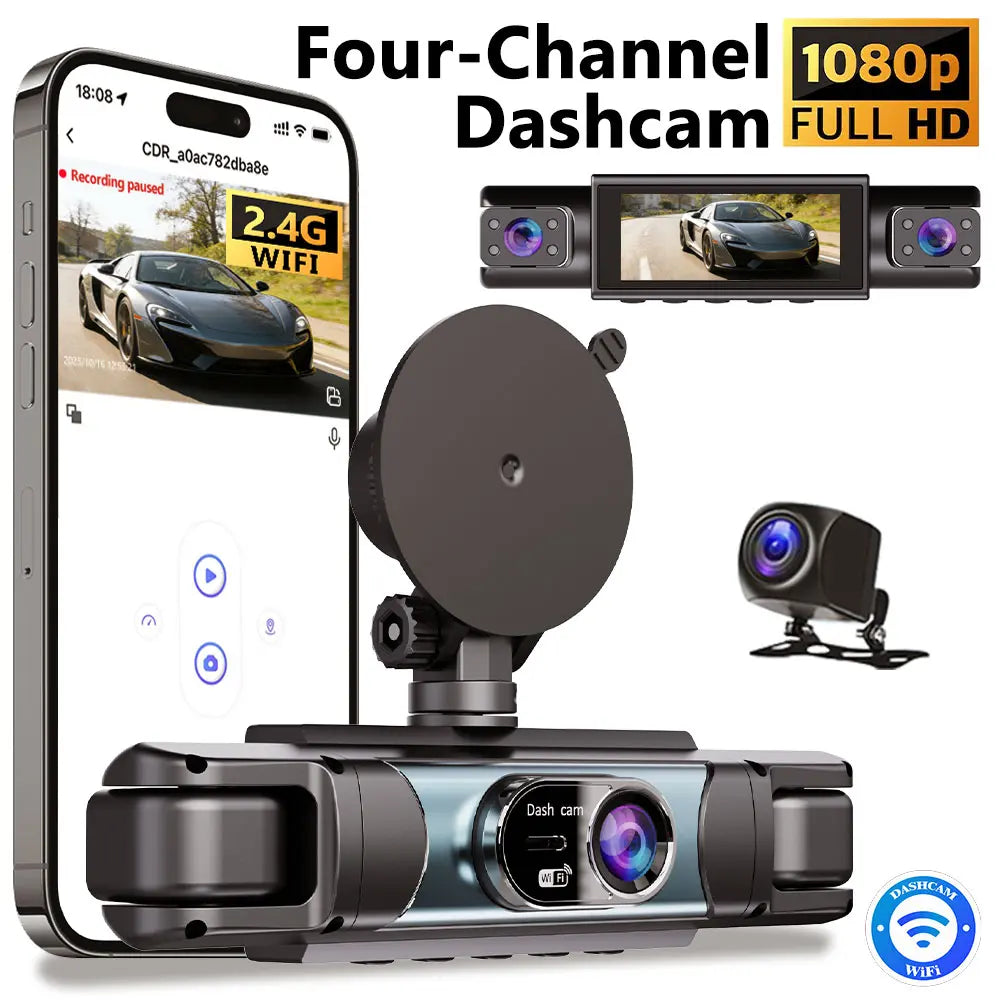 360° Surround View 4 Channel Dash Cam , 1080P FHD , 3.18" IPS Display, Built-In 2.4Ghz Wifi App Control, WDR, Loop Recording, Reverse Assist, 4 Lens Front Rear inside Left Right Car Driving Recorder, Car Security Camera-Yy