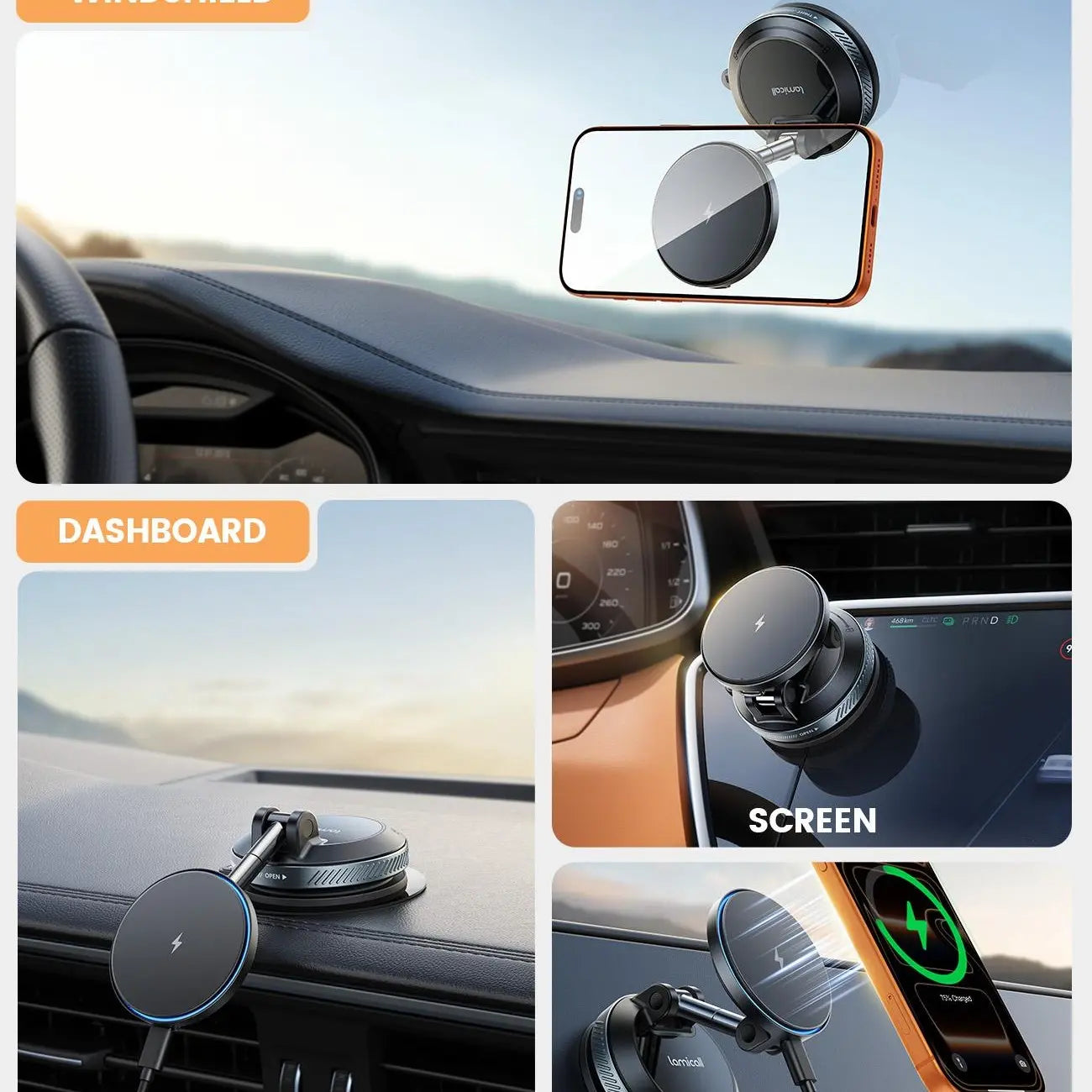 Lamicall 15W Magsafe USB-C Car Charger with Dual Ports - Suction Cup Dashboard Wireless Charger, Cordless Charging Vacuum Magnetic Holder, Fast Charging Auto & Cars Accessories for Iphone 17 Pro Max 16 15 14 (Black), Dashboard Wireless Charging, Phone Acc