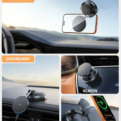 Lamicall 15W Magsafe USB-C Car Charger with Dual Ports - Suction Cup Dashboard Wireless Charger, Cordless Charging Vacuum Magnetic Holder, Fast Charging Auto & Cars Accessories for Iphone 17 Pro Max 16 15 14 (Black), Dashboard Wireless Charging, Phone Acc