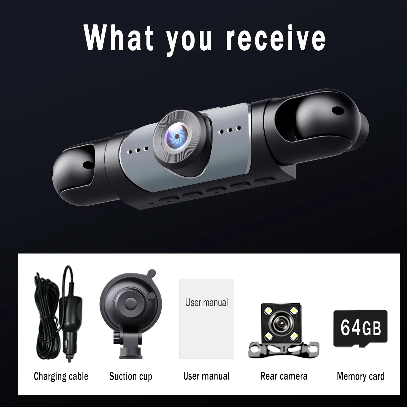 BCUOZ 4-Channel Dash Cam,1080P Full HD Front+720P Rear Left Right Coverage, 【Not Wireless】Requires Charging to Use, G-Sensor, with Free 64GB Memory Card, Car Dashboard Camera / Safe Driving