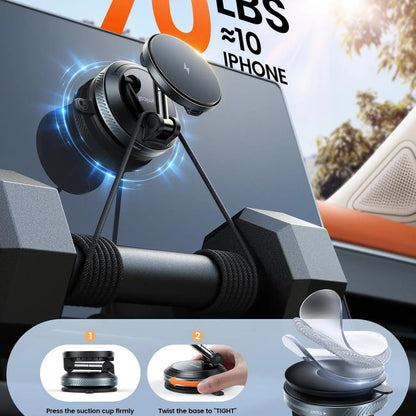 Lamicall 15W Magsafe USB-C Car Charger with Dual Ports - Suction Cup Dashboard Wireless Charger, Cordless Charging Vacuum Magnetic Holder, Fast Charging Auto & Cars Accessories for Iphone 17 Pro Max 16 15 14 (Black), Dashboard Wireless Charging, Phone Acc